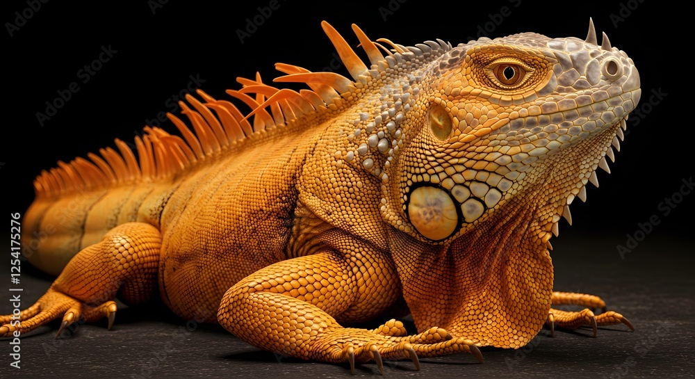 Fototapeta premium Close-up of a Gold Iguana Resting on Black Surface for Education