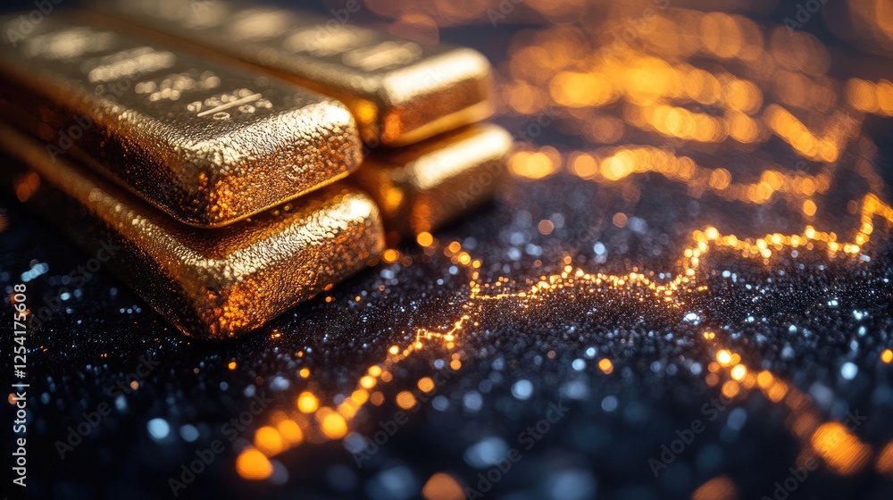 Gold bars on a sparkling surface with a financial graph overlay. Gold bars on a sparkling surface with a financial graph overlay.
