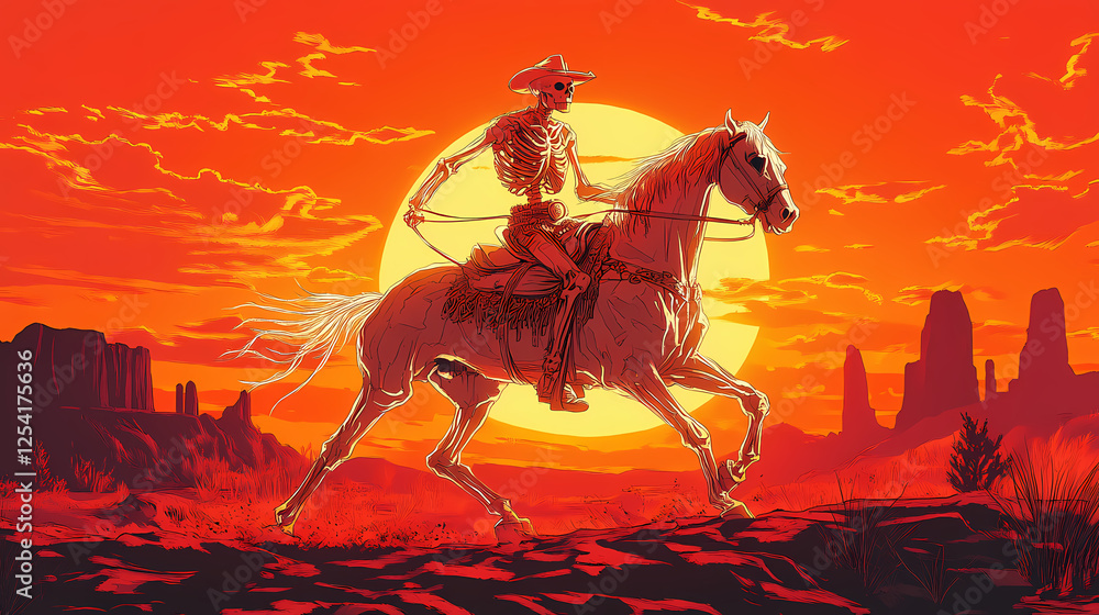 Naklejka premium Ghostly cowboy rides skeletal horse at sunset. Skeletal Landscapes. Illustration