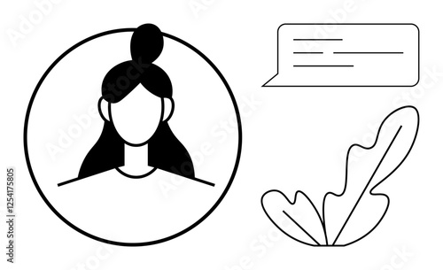 Black and white female avatar within circle, speech bubble with lines, abstract leaf shape. Ideal for communication, networking, profiles, messaging, social media, interaction online identities