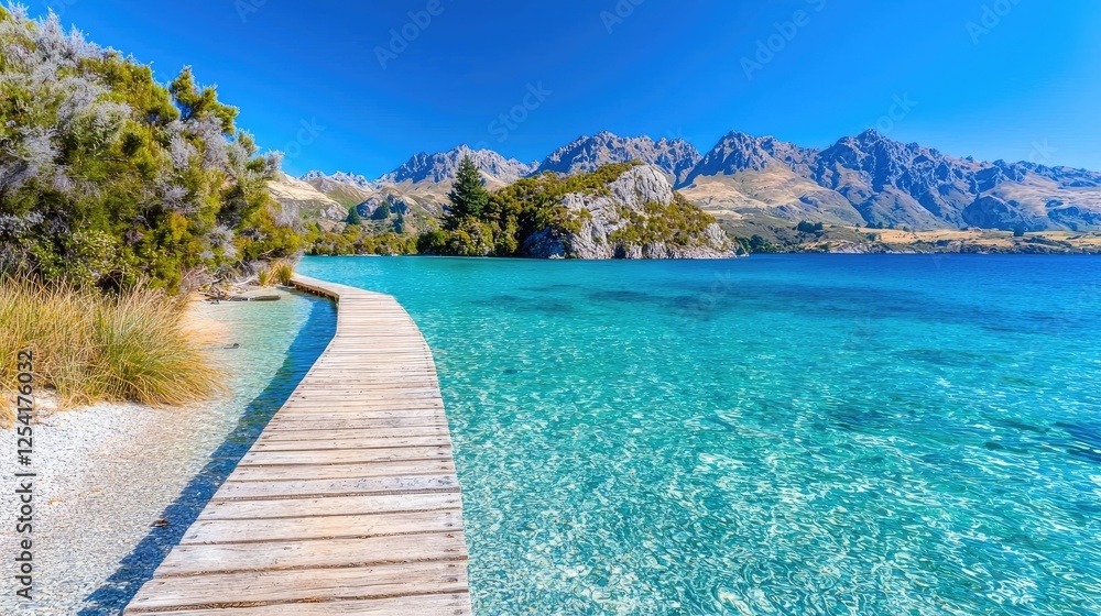 Wooden walkway to turquoise lake, mountain backdrop, sunny day, travel postcard Wooden walkway to turquoise lake, mountain backdrop, sunny day, travel postcard