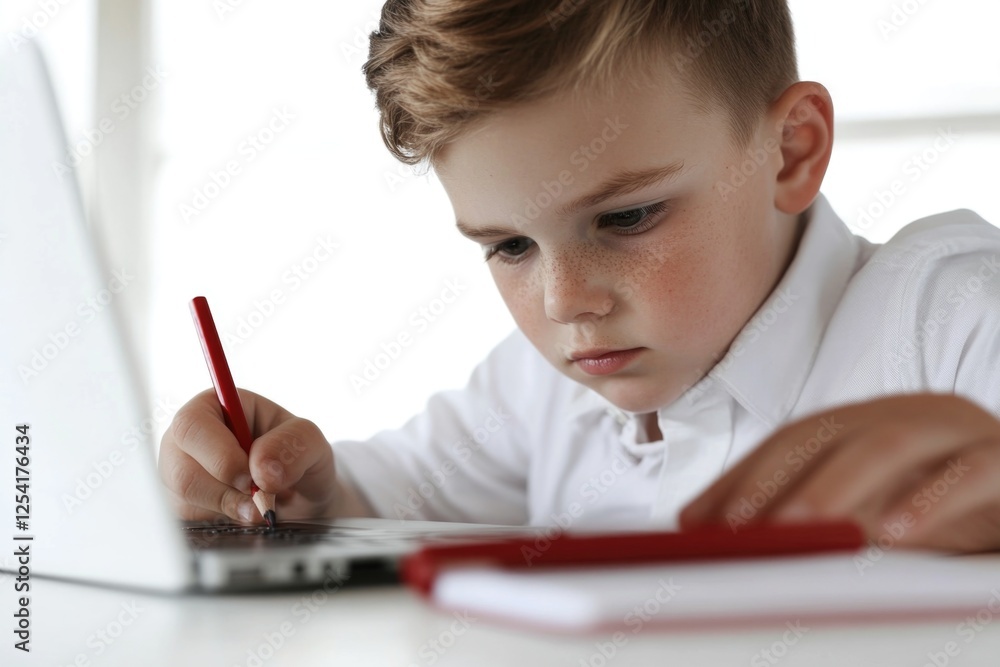 Young caucasian child learning on laptop with focused expression in bright room Young caucasian child learning on laptop with focused expression in bright room