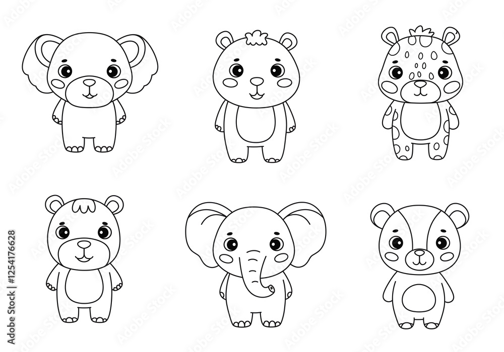 Black and white cute cartoon animals coloring page for kids, standard print size Black and white cute cartoon animals coloring page for kids, standard print size