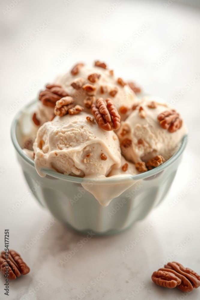 Delightful scoops of ice cream topped with pecans, served in a charming light blue bowl. Sweet and nutty! Delightful scoops of ice cream topped with pecans, served in a charming light blue bowl. Sweet and nutty!