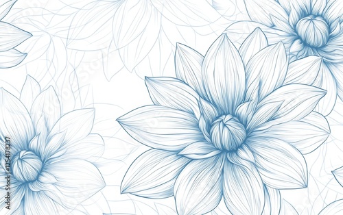 Elegant blue line art dahlia flowers on white background.