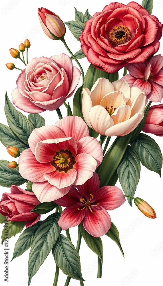 custom made wallpaper toronto digitalRomantic Bouquet of Pink and White Flowers With Green Leaves in Botanical Watercolor Illustration