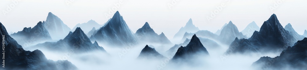 Misty mountain range panorama, serene landscape, digital art, website banner Misty mountain range panorama, serene landscape, digital art, website banner