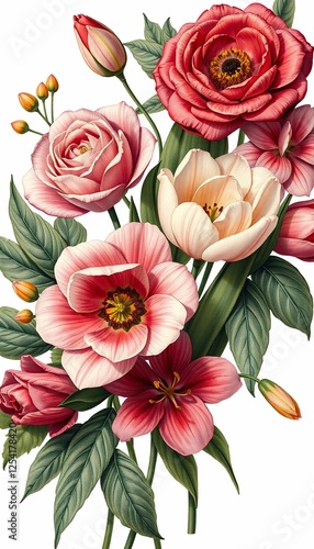 Wallpaper Mural Romantic Bouquet of Pink and White Flowers With Green Leaves in Botanical Watercolor Illustration Torontodigital.ca