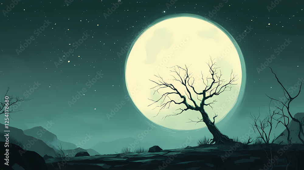 Fototapeta premium A barren landscape with a lone, skeletal tree silhouetted against a large, full moon in a starry night sky. Skeletal Landscapes. Illustration