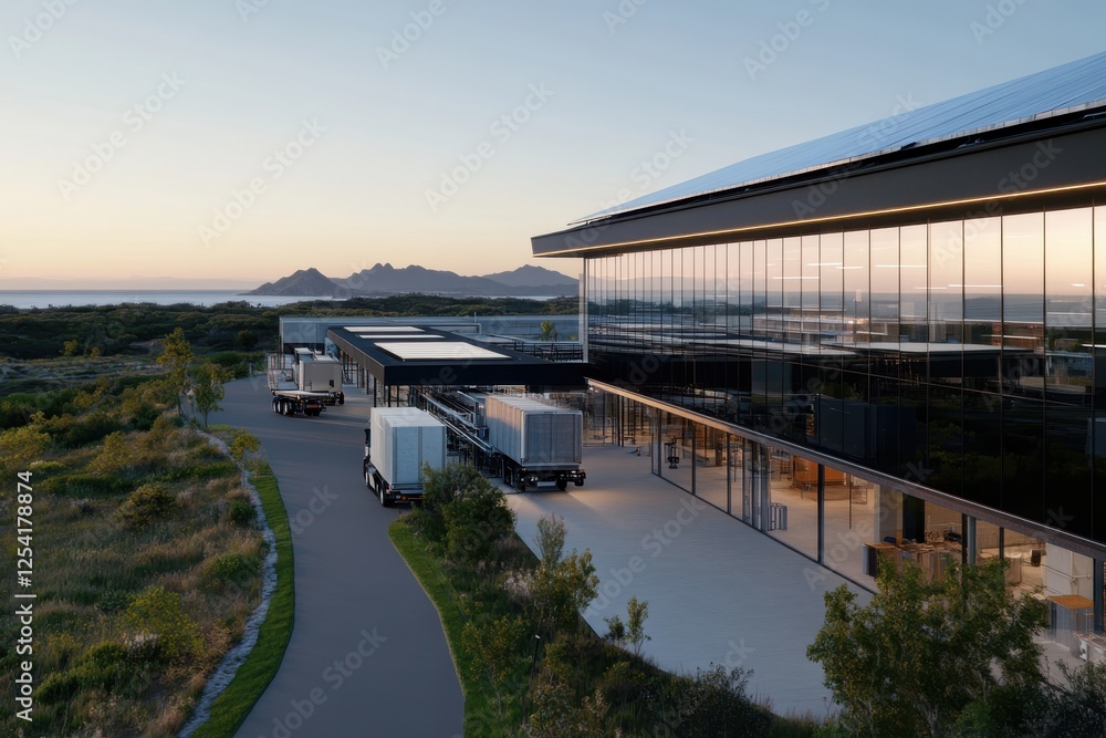 This image showcases a sleek modern building coupled with trucks, set against a backdrop of a breathtaking natural landscape and mountains under a serene sunset. This image showcases a sleek modern building coupled with trucks, set against a backdrop of a breathtaking natural landscape and mountains under a serene sunset.