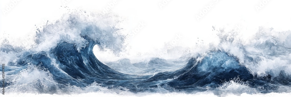 Fototapeta premium Ocean waves crashing, white background, design element