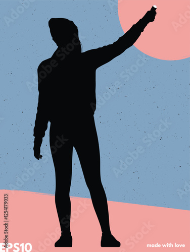 Girl with flashlight silhouette. Vector abstract textured background