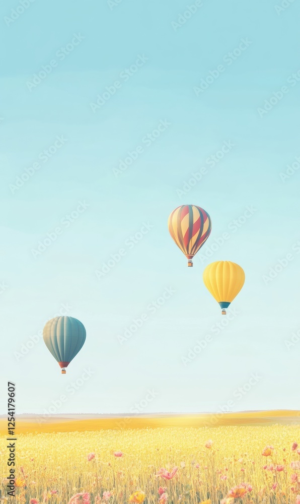 Obraz premium Hot air balloons gracefully glide over a colorful field during a clear day with serene blue skies. Generative AI