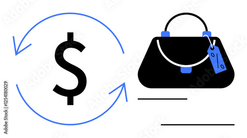 Dollar sign surrounded by arrows next to a handbag with a price tag, suggesting financial transactions. Ideal for shopping, e-commerce, returns, exchanges, value, consumer goods, economic cycles