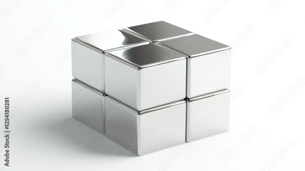 Striking silver blocks with contrasting shadows and reflections, simple squares on a white background in a 3D rendering Striking silver blocks with contrasting shadows and reflections, simple squares on a white background in a 3D rendering