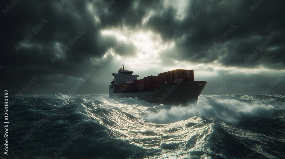 Fototapeta premium Cargo Container Ship Sailing Through a Stormy Ocean, Waves Crashing Against the Hull, Symbolizing the Challenges of Global Import-Export Trade