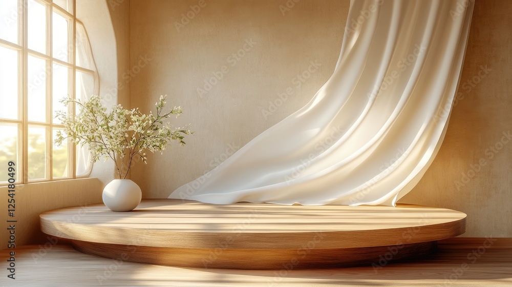 A serene interior with a wooden platform, draped fabric, and a vase of flowers. A serene interior with a wooden platform, draped fabric, and a vase of flowers.