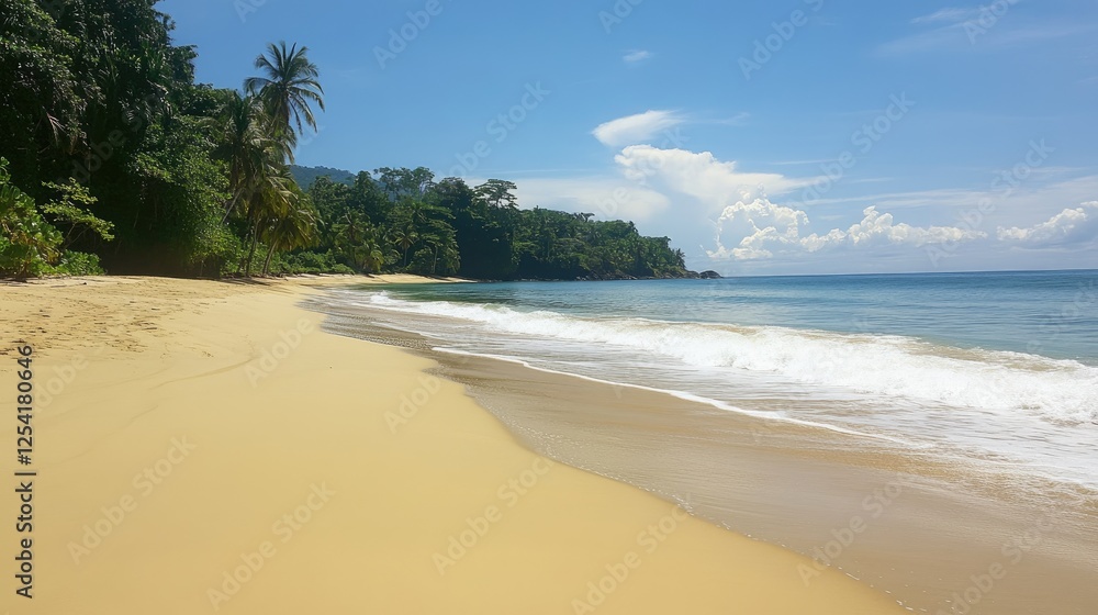 A bright, tropical beach with small waves rolling onto smooth golden sand. A bright, tropical beach with small waves rolling onto smooth golden sand.