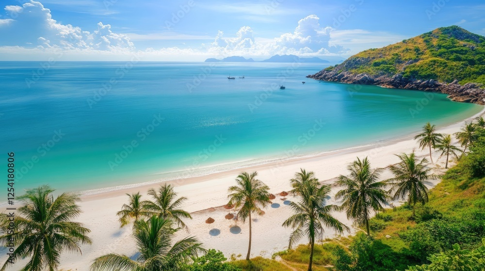 A high-angle view of a picturesque tropical beach surrounded by palm trees. A high-angle view of a picturesque tropical beach surrounded by palm trees.