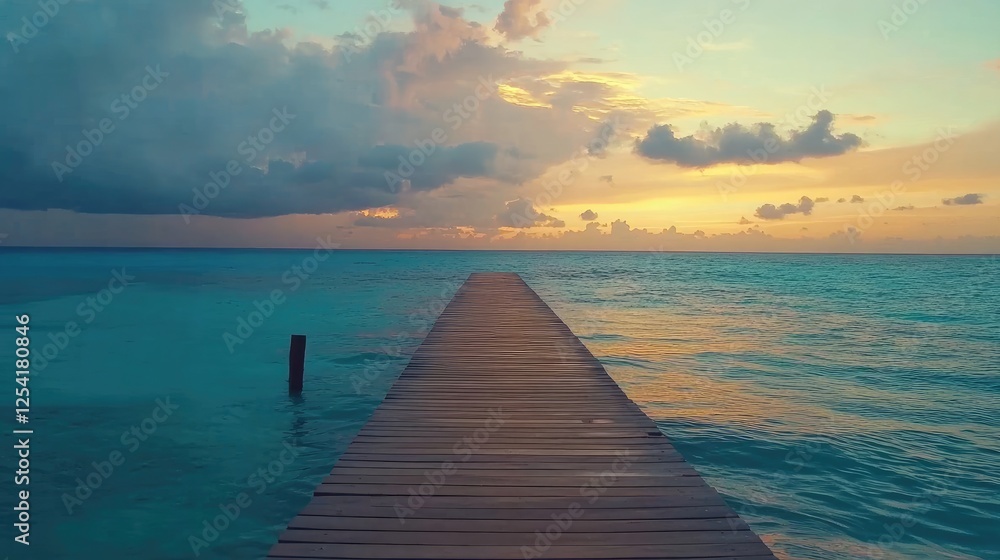 Fototapeta premium A long wooden pier extending into a calm turquoise ocean with a dramatic sunset sky.