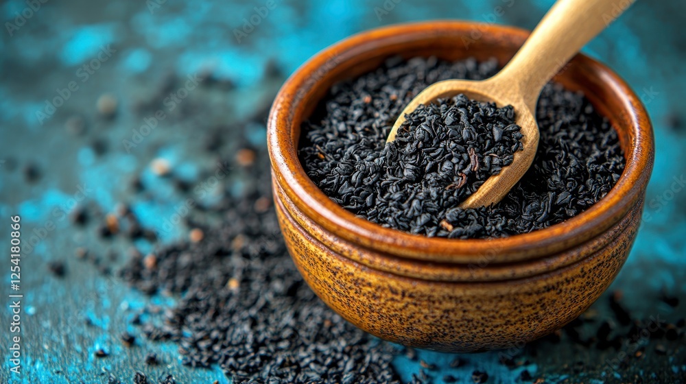 Black seeds in bowl on textured surface Black seeds in bowl on textured surface