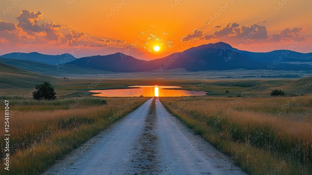Fototapeta premium A serene sunset over a gravel road leading to a tranquil lake and mountains.
