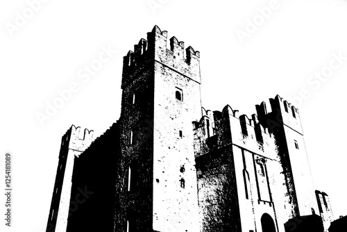 Mystical medieval castle in black and white, background