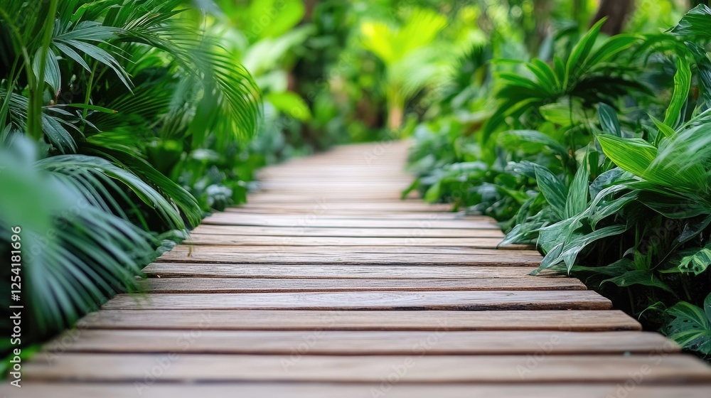 A rustic wooden boardwalk leading through a lush tropical rainforest. A rustic wooden boardwalk leading through a lush tropical rainforest.