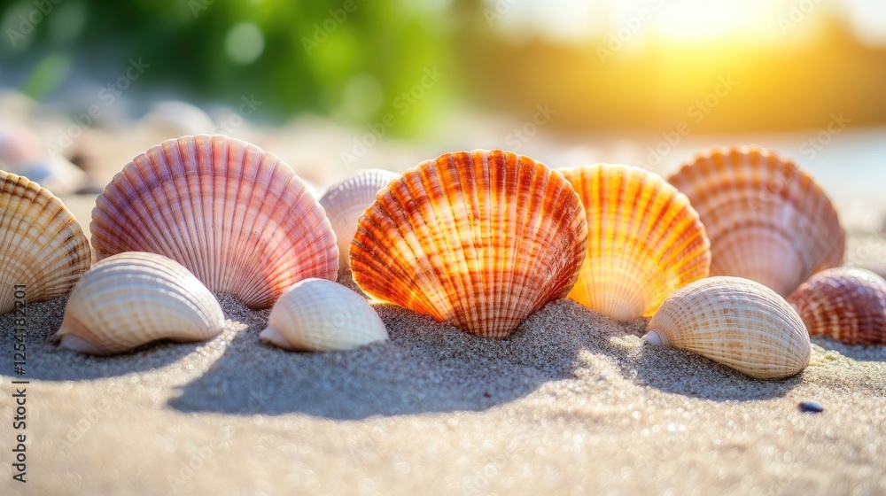 A sunlit beach with smooth golden sand and small seashells scattered around. A sunlit beach with smooth golden sand and small seashells scattered around.