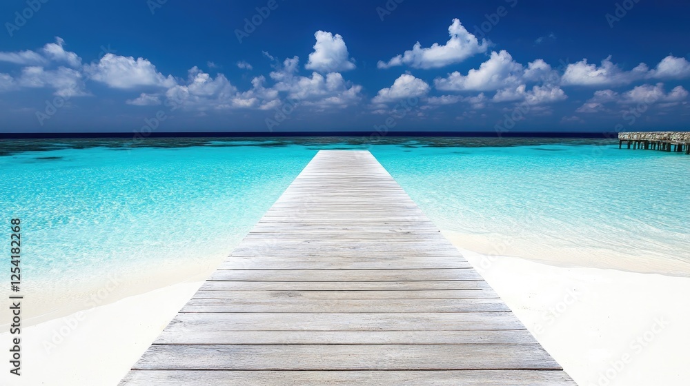 A sand-covered wooden pathway leading to an untouched, bright beach. A sand-covered wooden pathway leading to an untouched, bright beach.