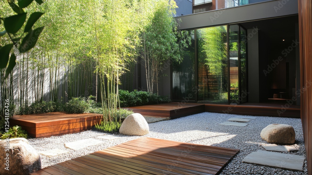 Fototapeta premium Bamboo garden with a serene atmosphere, wooden pathways, and stone accents.
