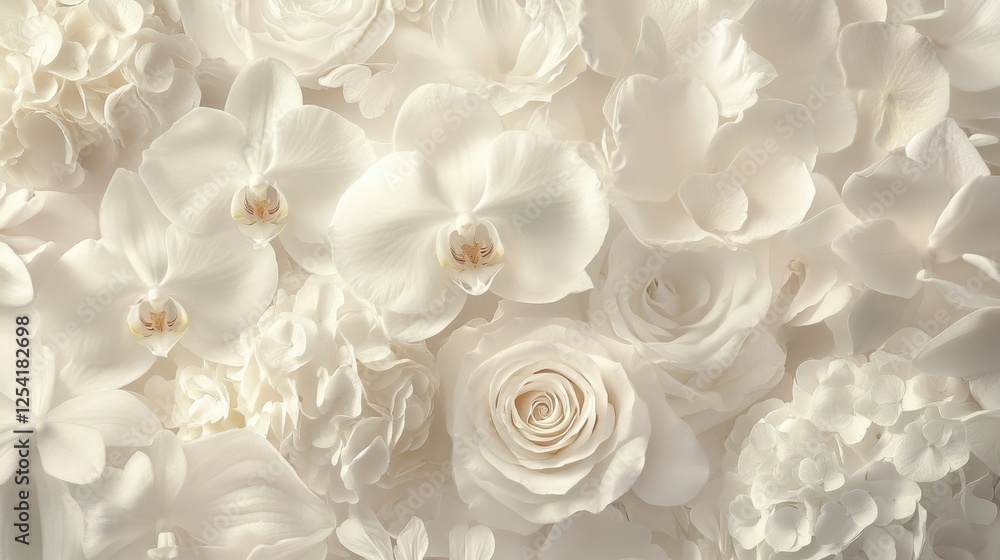 A monochromatic white floral arrangement with roses, hydrangeas, and orchids. A monochromatic white floral arrangement with roses, hydrangeas, and orchids.