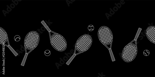 Seamless border. Tennis rackets and balls on a black background. Popular sports. Vector illustration for wallpaper, wrapping paper, print. Black and white.