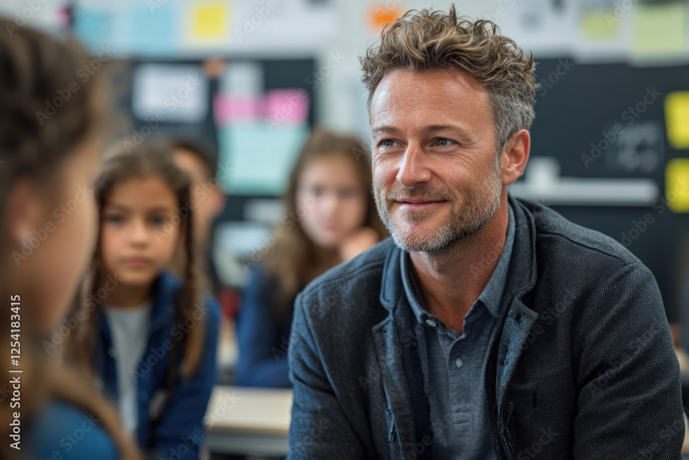 Man teaching in classroom with engaged children, colorful posters on walls, desks arranged neatly, bright and inviting atmosphere. Man teaching in classroom with engaged children, colorful posters on walls, desks arranged neatly, bright and inviting atmosphere.