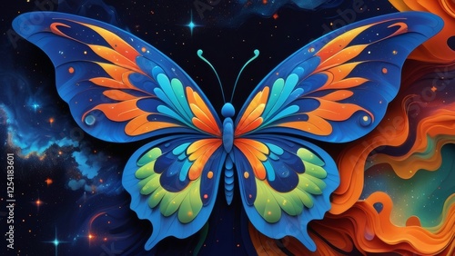 An abstract representation of a butterfly, where its wings are composed of swirling galaxies, stars, and cosmic clouds