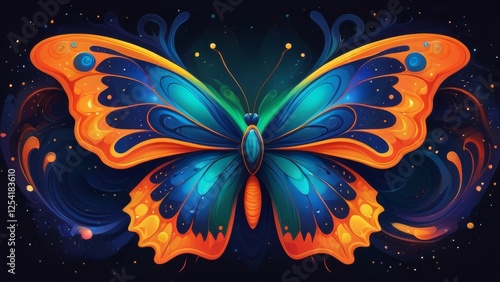 An abstract representation of a butterfly, where its wings are composed of swirling galaxies, stars, and cosmic clouds