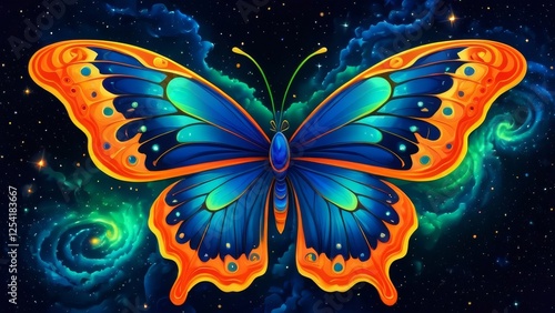 An abstract representation of a butterfly, where its wings are composed of swirling galaxies, stars, and cosmic clouds