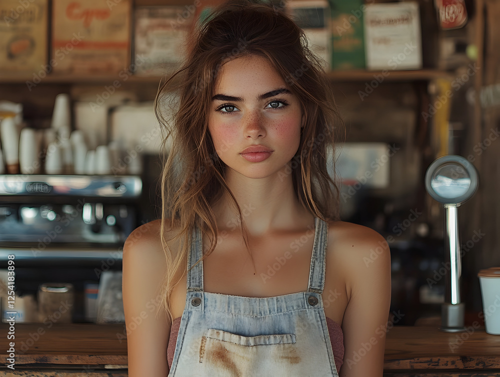 Charming Young Woman in Rustic Cafe with Friendly Smile and Natural Beauty Wearing Casual Fashion as Barista Charming Young Woman in Rustic Cafe with Friendly Smile and Natural Beauty Wearing Casual Fashion as Barista