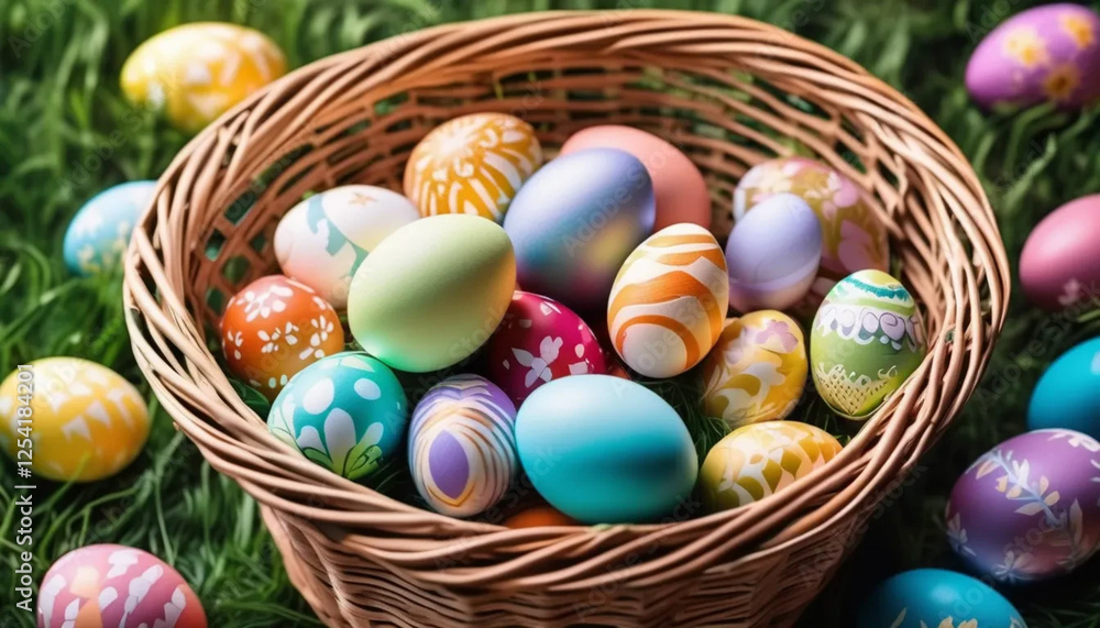 Colorful easter eggs in a wicker basket. Colorful easter eggs in a wicker basket.