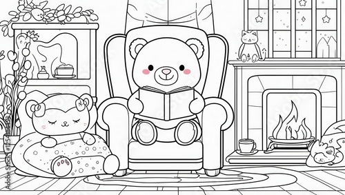 A cute and cozy illustration in kawaii coloring book style. In black and white for coloring. Rounded lines, simple and soft outlines, friendly expressions, and a minimalist touch.