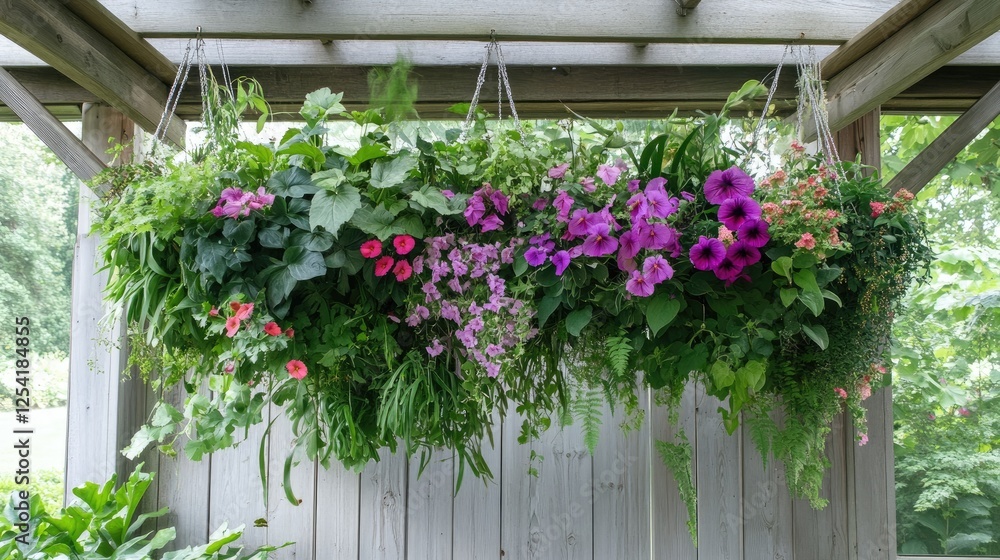 Fototapeta premium Hanging garden with cascading plants and flowers suspended from wooden beams.