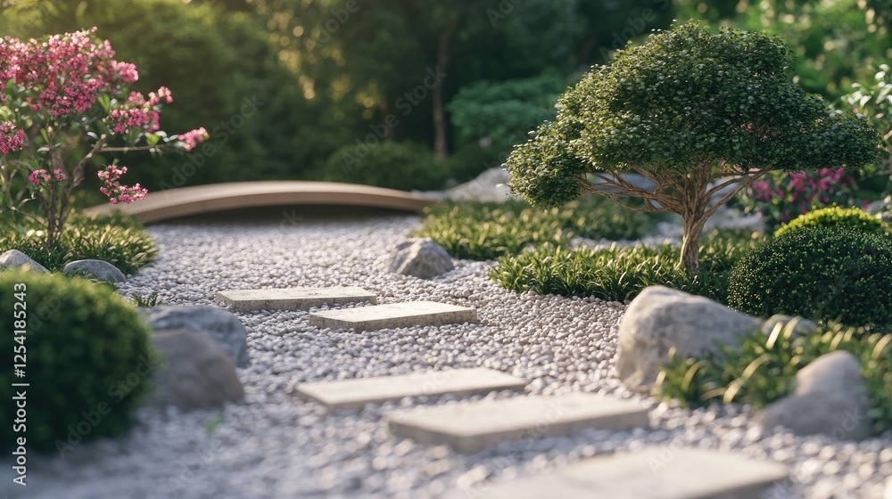 Japanese-inspired modern garden with bonsai trees, a stone bridge, and a clear water stream. Japanese-inspired modern garden with bonsai trees, a stone bridge, and a clear water stream.