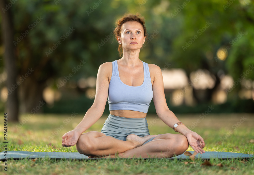 Adult woman practicing yoga lotus pose in park Adult woman practicing yoga lotus pose in park