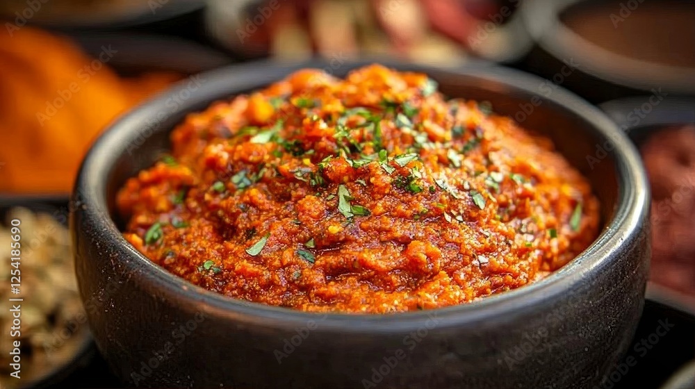 Harissa paste, beautifully peppered amongst vibrant spices in a colourful Moroccan spice market Harissa paste, beautifully peppered amongst vibrant spices in a colourful Moroccan spice market