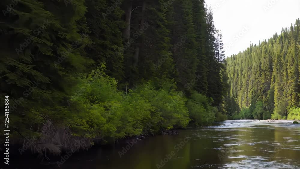 Nature adventure along a serene river surrounded by lush green forests in the late afternoon light. The late afternoon sun filters through tall trees, creating a peaceful atmosphere for nature lovers.