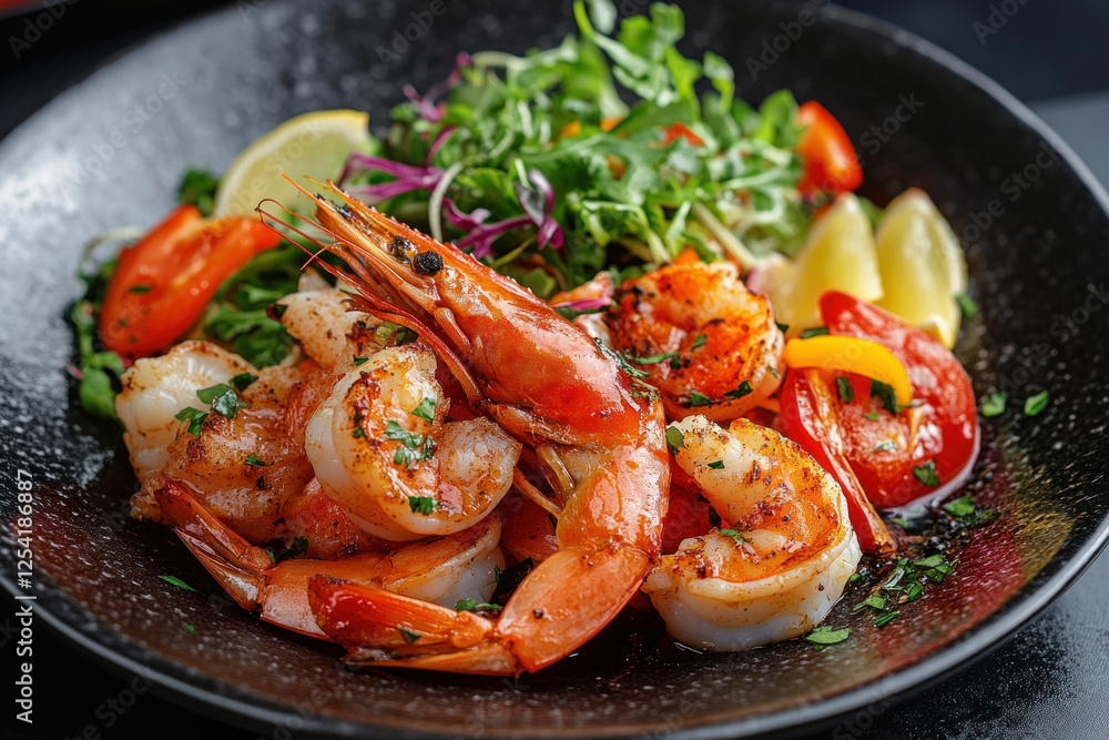 Plate of shrimp & vegetables on black plate, garnished with herbs & lemon wedge. Steam rises from the food, creating a mouth-watering display. Plate of shrimp & vegetables on black plate, garnished with herbs & lemon wedge. Steam rises from the food, creating a mouth-watering display.
