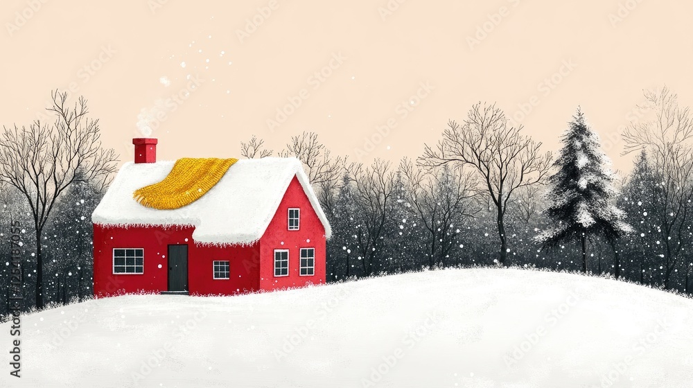 A cozy red house with a yellow blanket on the roof, surrounded by a snowy landscape. A cozy red house with a yellow blanket on the roof, surrounded by a snowy landscape.