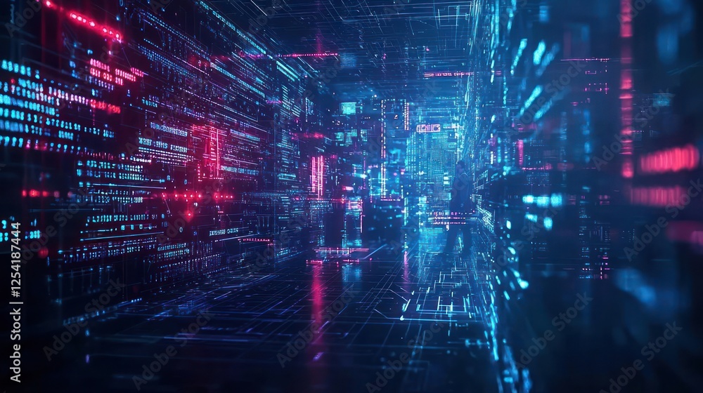 Abstract Futuristic Digital Tunnel with Neon Lights