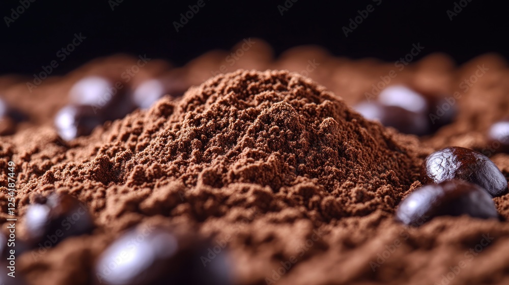 Close-up coffee powder with beans, dark background, food, drink Close-up coffee powder with beans, dark background, food, drink