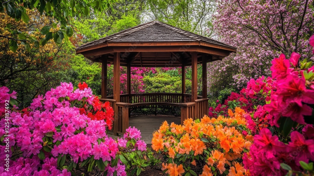 Outdoor tea garden with a quaint gazebo surrounded by colorful flowers. Outdoor tea garden with a quaint gazebo surrounded by colorful flowers.